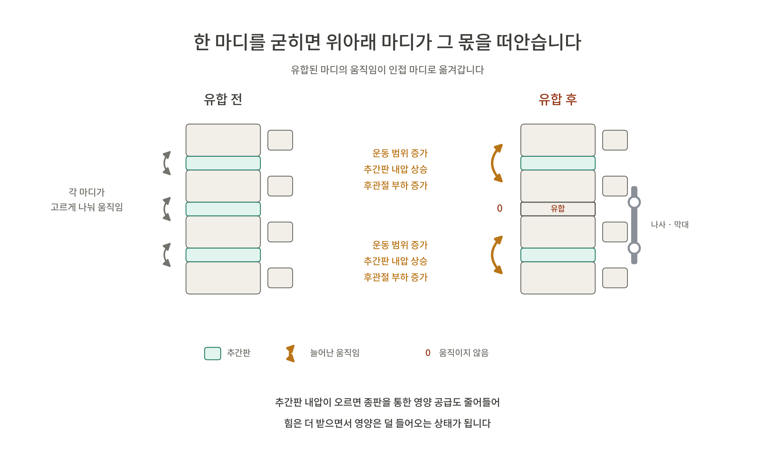 유합 전과 유합 후의 마디 움직임 변화를 설명하는 다이어그램.